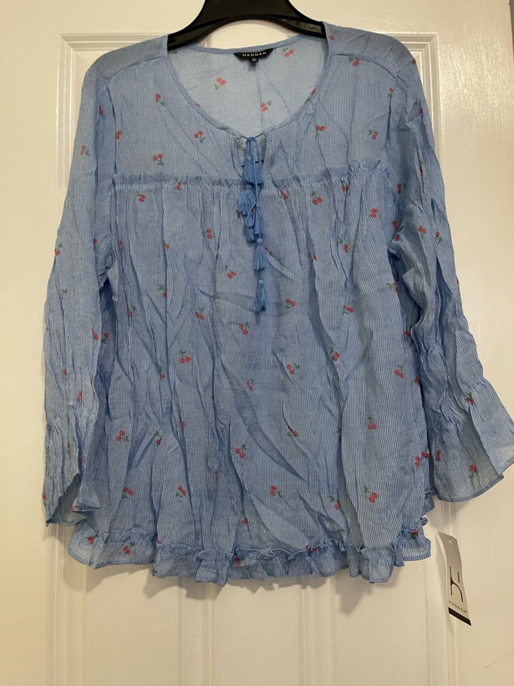 Hannah Blue Striped Floral Tie-Front Peasant Blouse